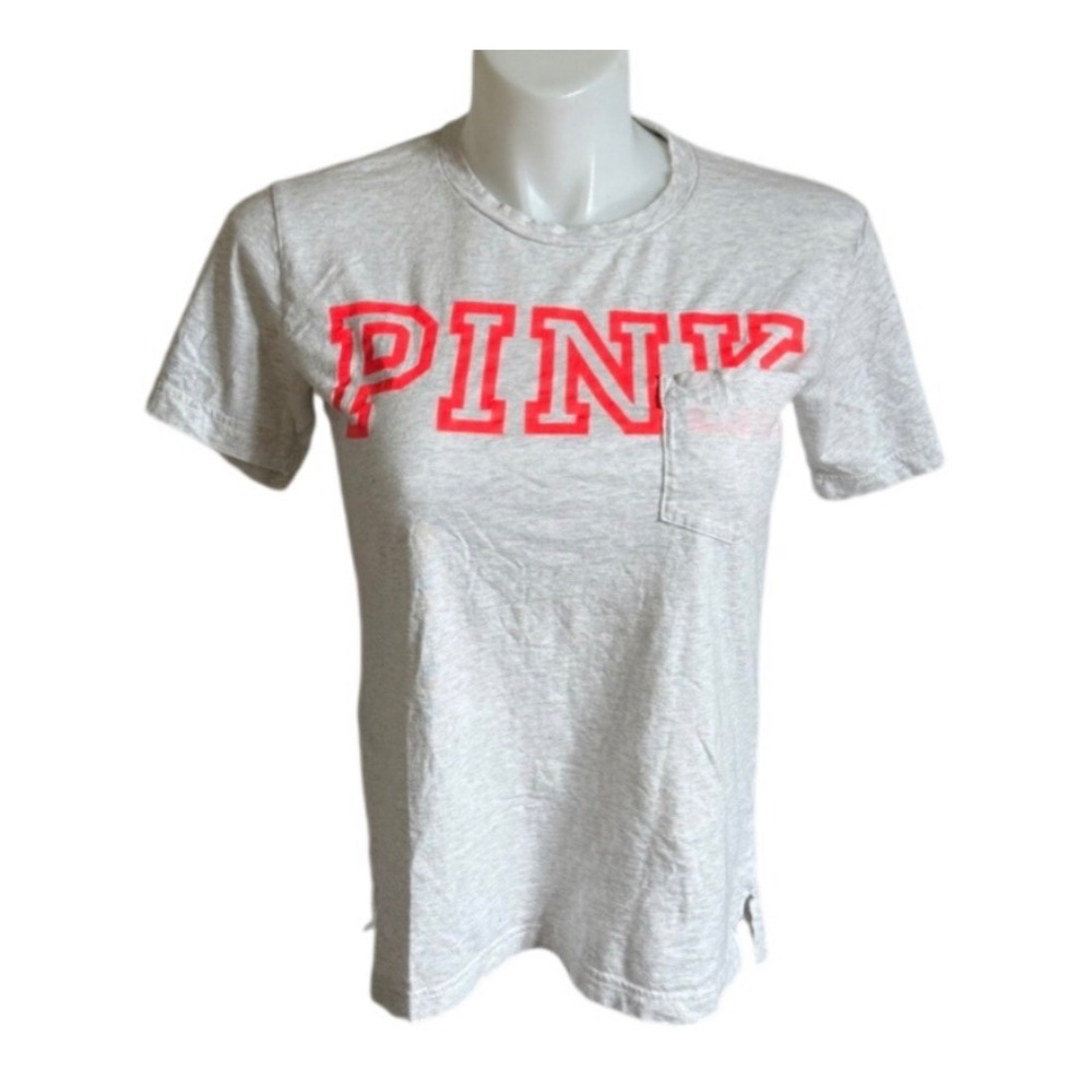 Victorias Secret PINK T-Shirt Womens XS Gray Heather Neon Logo Pocket Tee